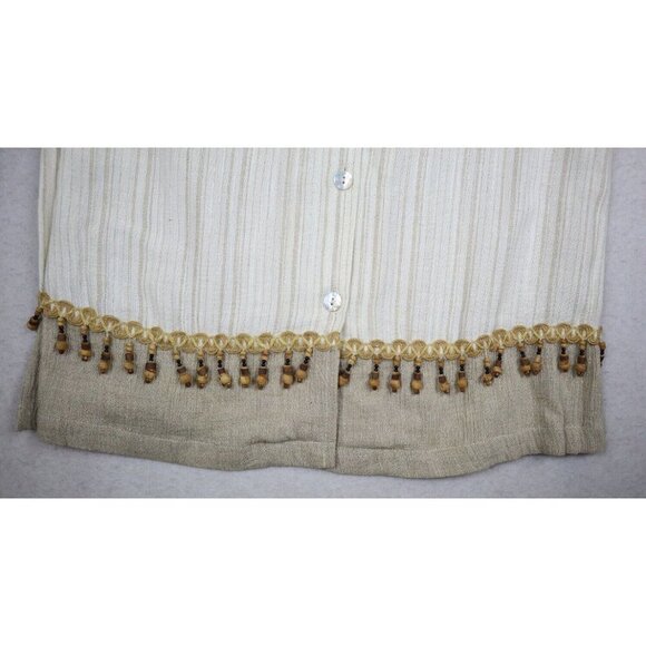 WOMEN'S BEIGE STRIPED SHORT SLEEVE BUTTON-UP TOP - CM SHAPES - BEADED FRINGE PM - Picture 4 of 10